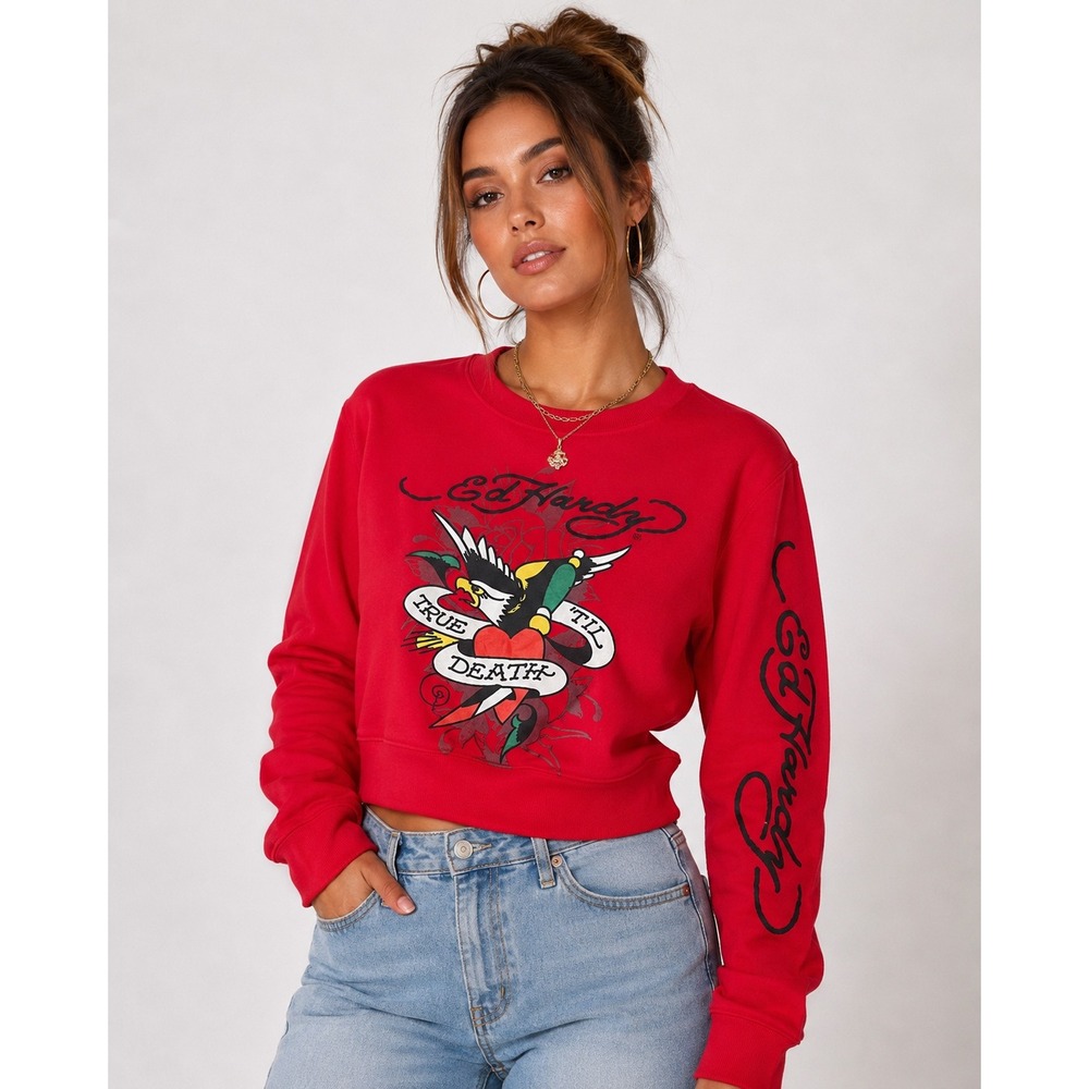NEW Ed Hardy Womens True Till Death Cropped Sweatshirt Cherry Red Size M